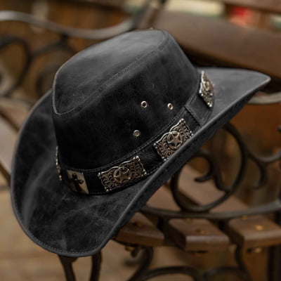 Chapéu Country Rock em Couro Envelhecido Legítimo para Músicos e Motociclistas  